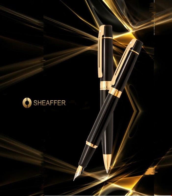 خودکار و خودنویس شیفر مدل 300 (بدنه لاکی مشکی گیره زرد) Sheaffer fp-bp-black-gold-300